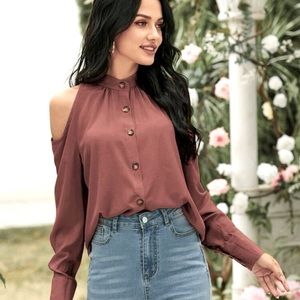 SHEIN botton up blouse with open shoulder